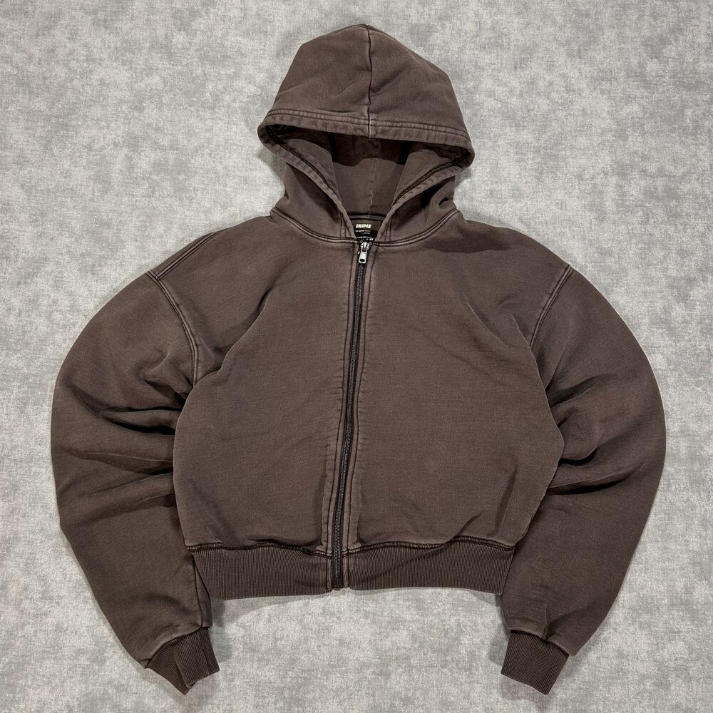 SKIMS The Zip Up Hoodie Womens Medium Gray Cropped 100% Cotton Full Zip